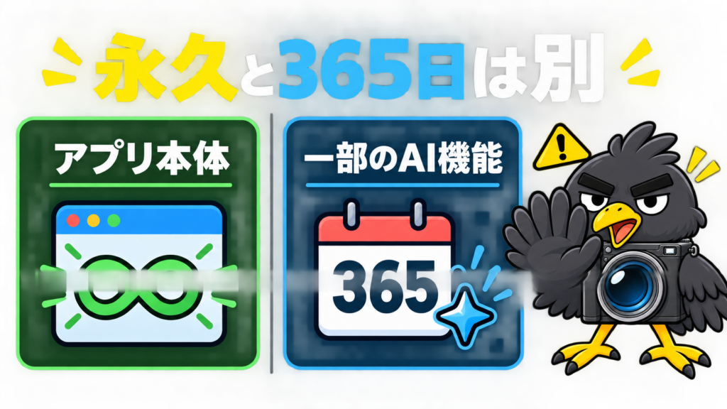 永久利用できるアプリと365日限定AIツールの境界を示す図